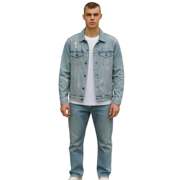 Elwood Mens Size Medium Distressed Legend Graphic Denim Trucker Jacket - Picture 1 of 7